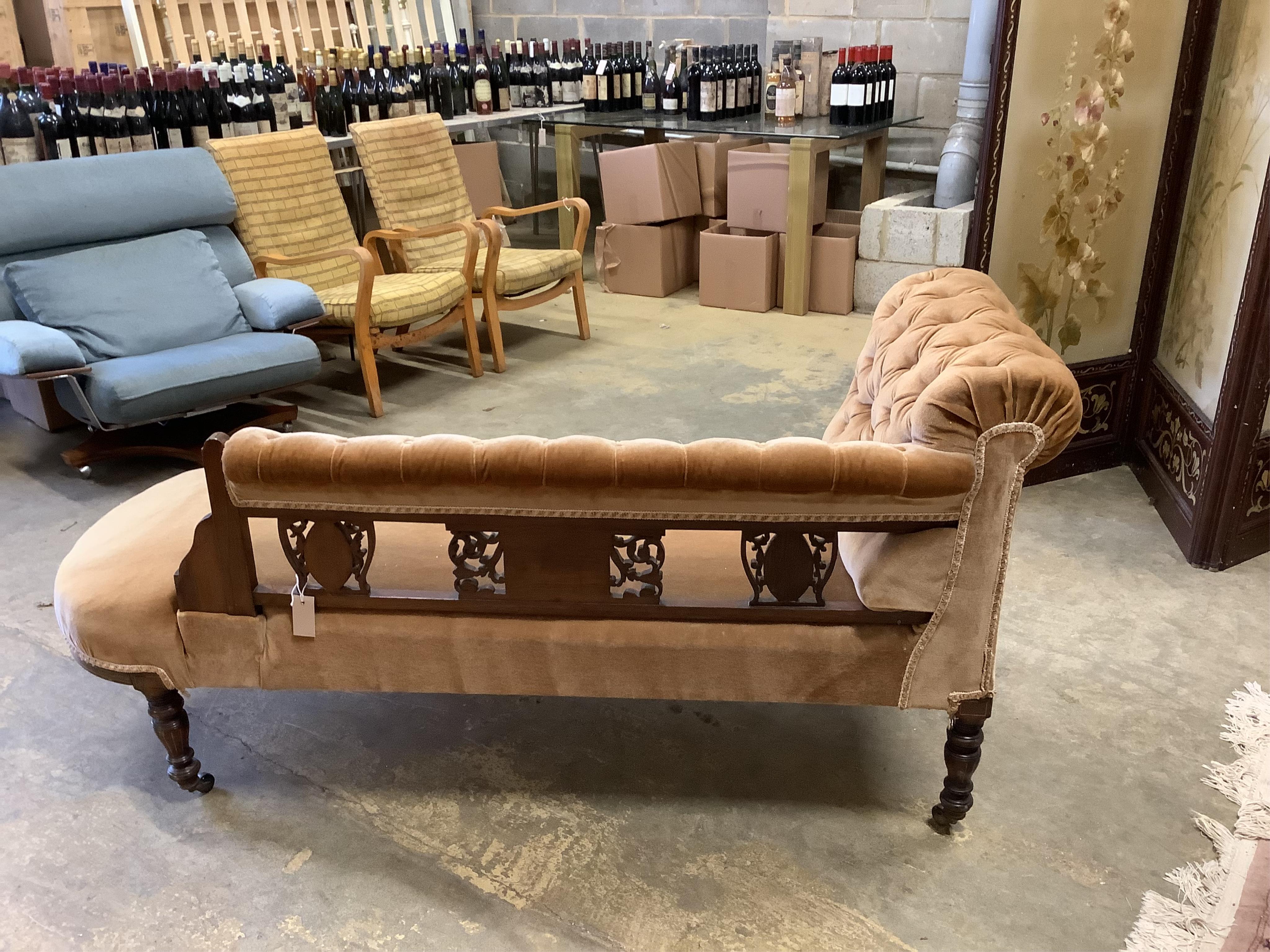 A late Victorian inlaid rosewood chaise longue, width 170cm, depth 64cm, height 82cm. Condition - fair